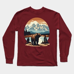 Grizzly Bear Against Scenic Mountain Landscape Design Long Sleeve T-Shirt